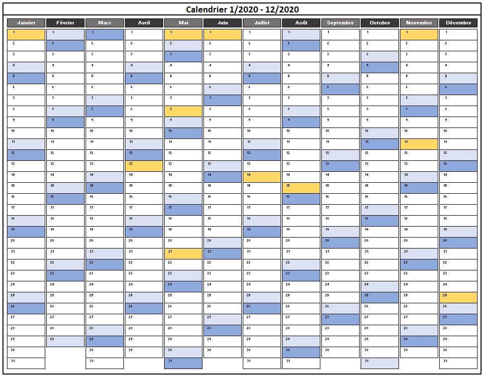 2020 Calendrier Excel Modifiable