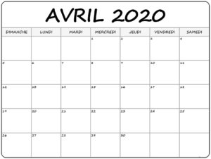 Calendrier 2020 Avril