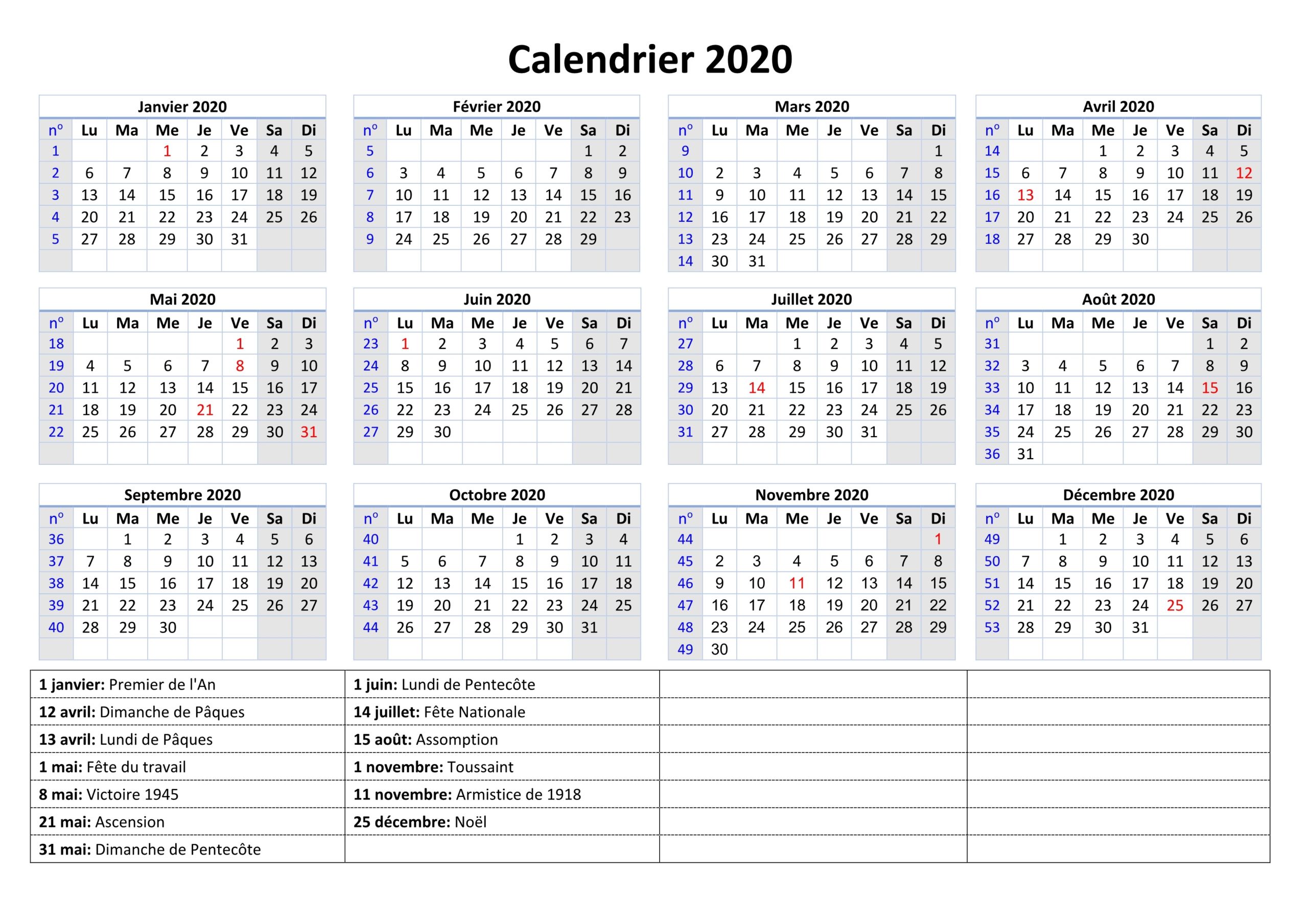 Calendrier 2020 Vacances