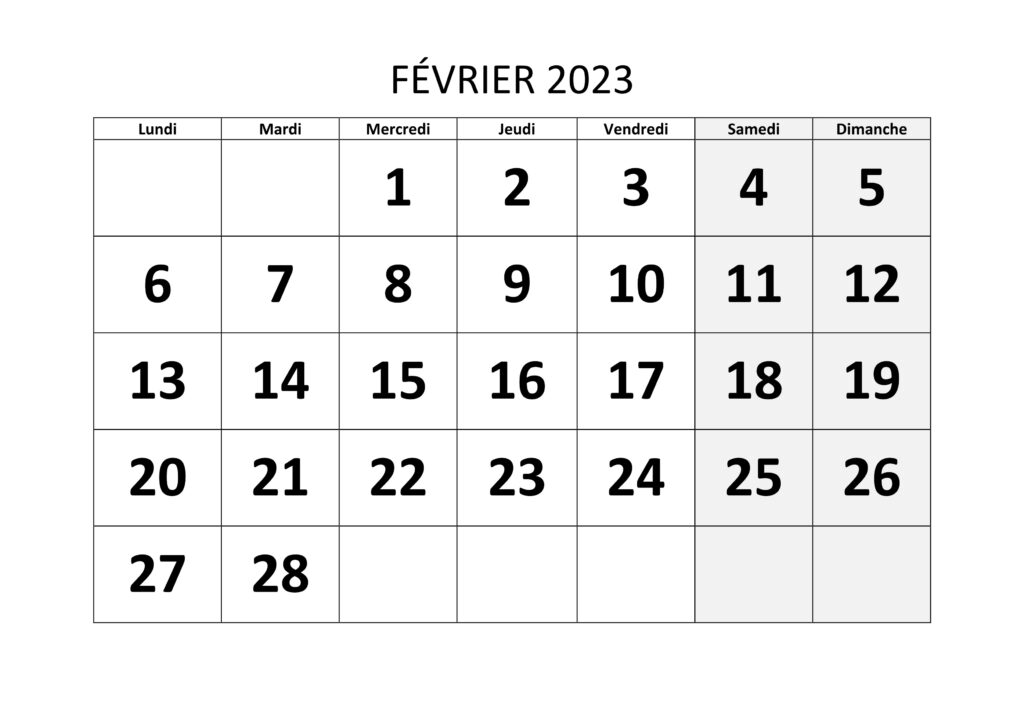 Calendrier 2023 Février
