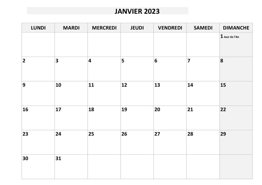 Calendrier 2023 Janvier
