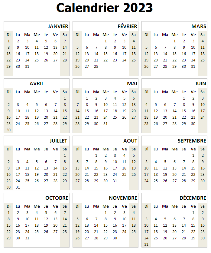 Calendrier 2023 Word