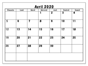 Calendrier Avril 2020 PDF