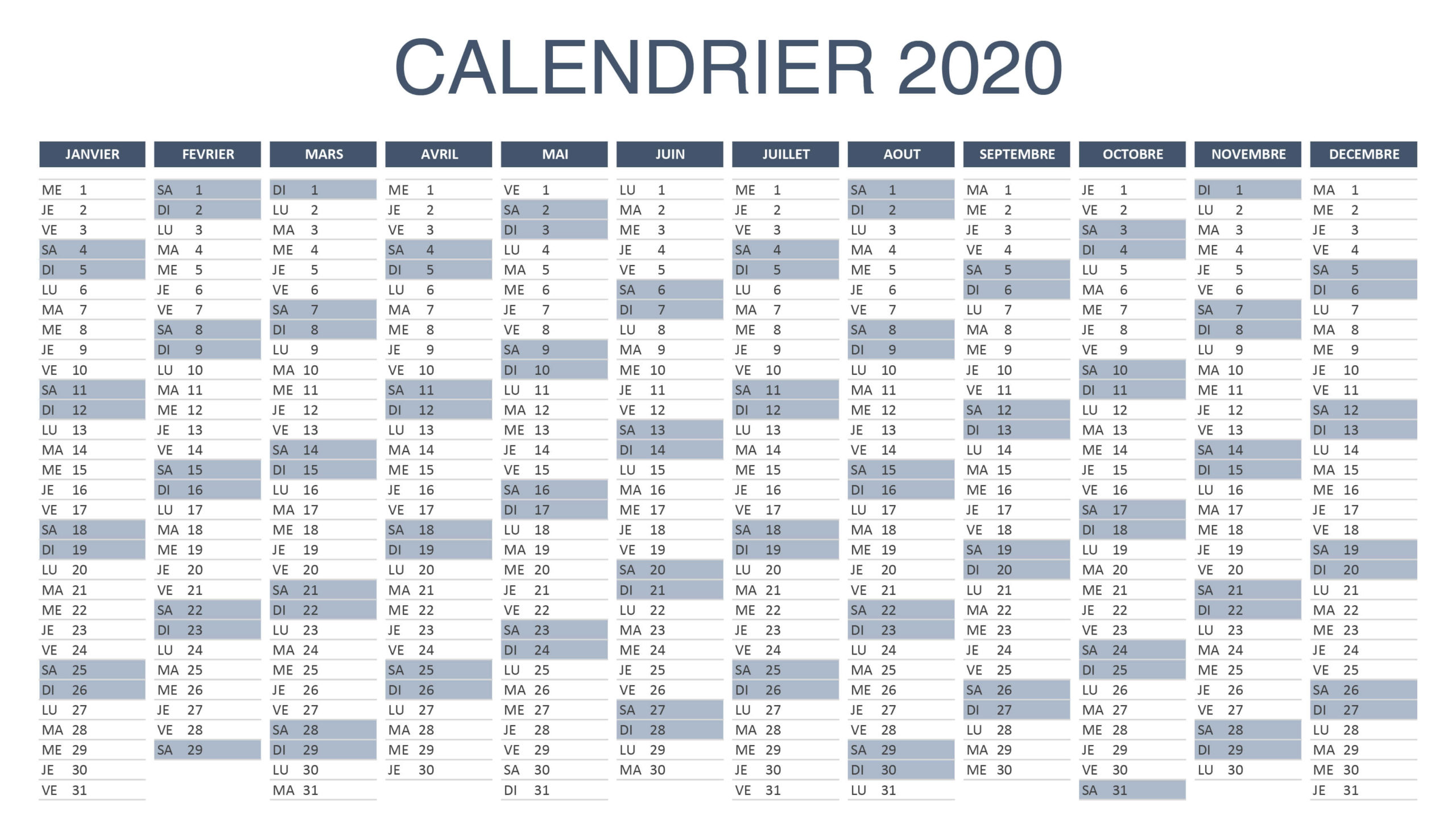 Calendrier Excel 2020