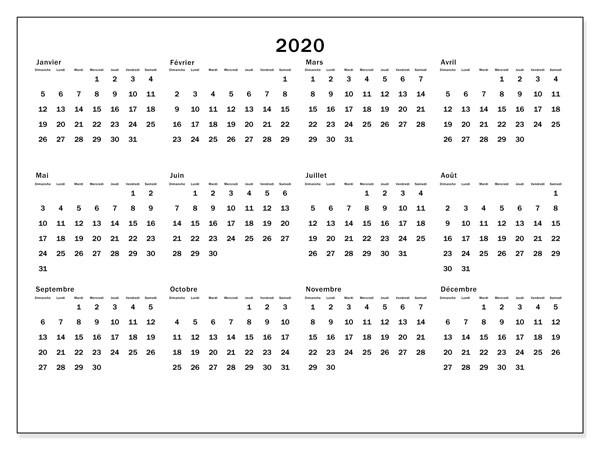 Imprimable Calendrier 2020