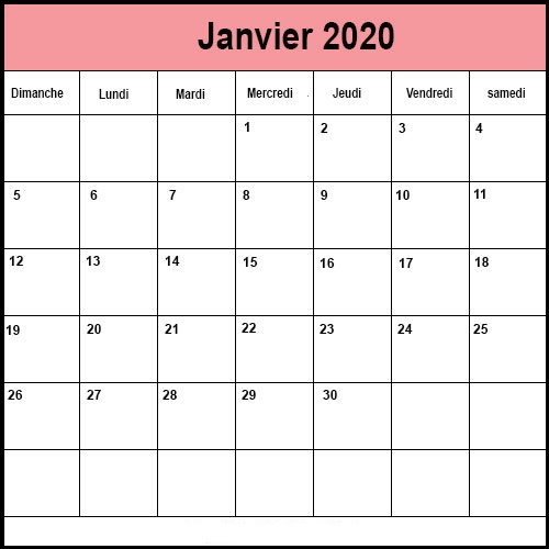 Calendrier Imprimable de Janvier 2020