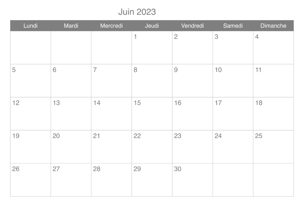Calendrier Juin 2023 Excel