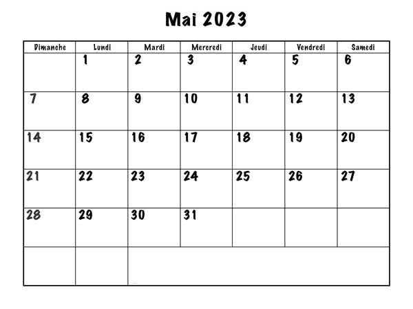 Calendrier Mai 2023 Excel