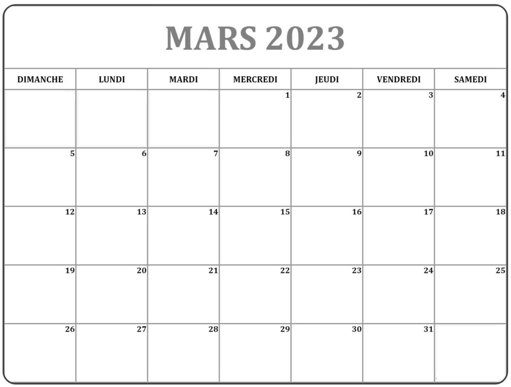 Calendrier Mars 2023 PDF