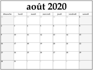 Calendrier août 2020 Mensuel