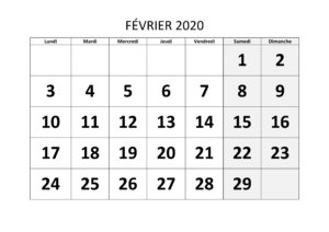 Calendrier Février 2020 Excel