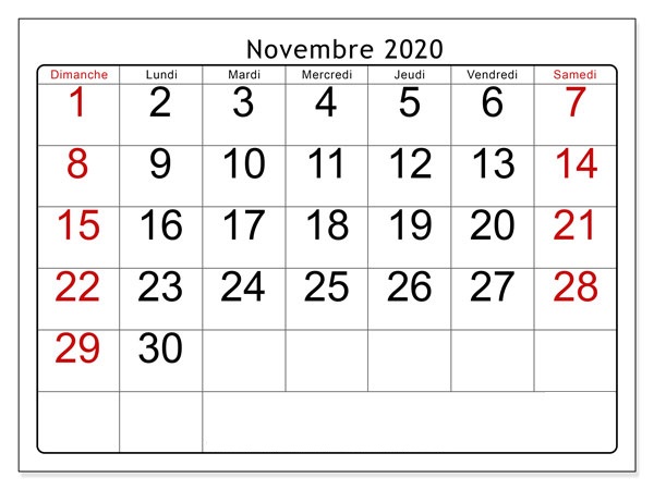 Novembre 2020 Calendrier jours fériés