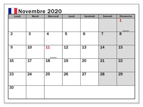2020 Calendrier Novembre