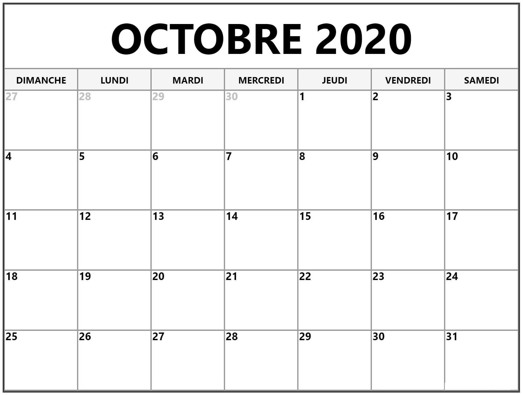 Calendrier Octobre Vacances 2020