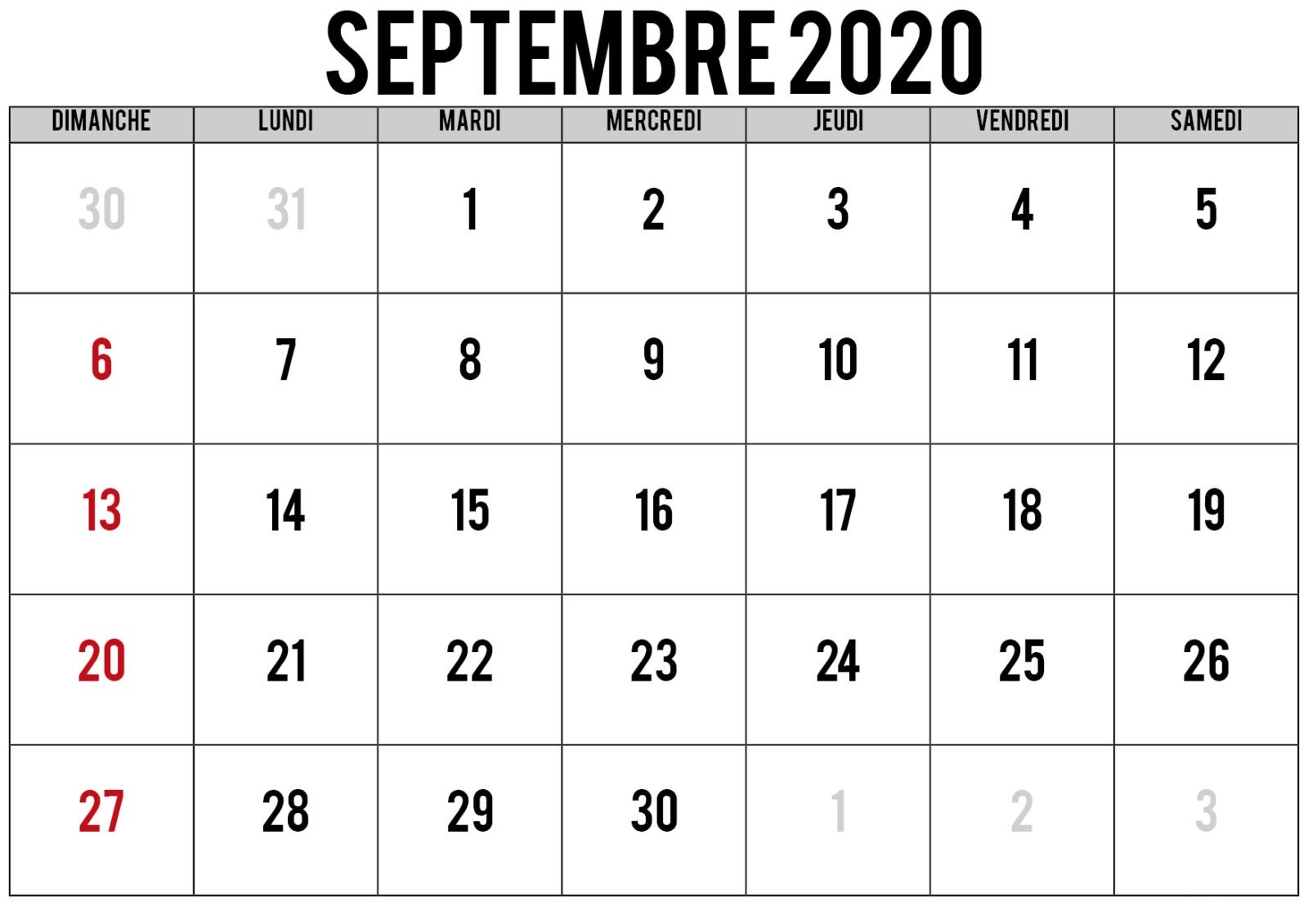 Calendrier 2021 Septembre