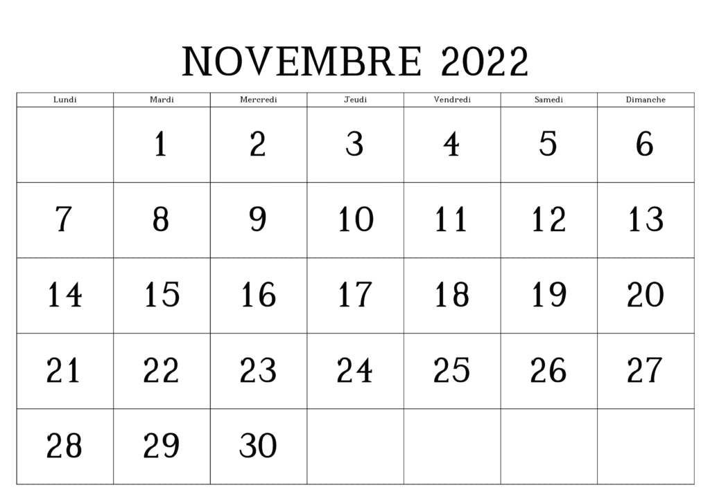 Calendrier 2022 Novembre
