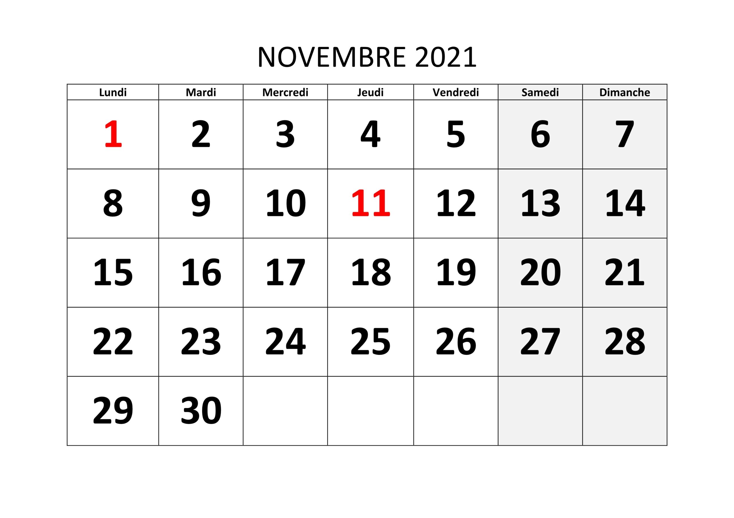Calendrier Novembre 2021 Excel