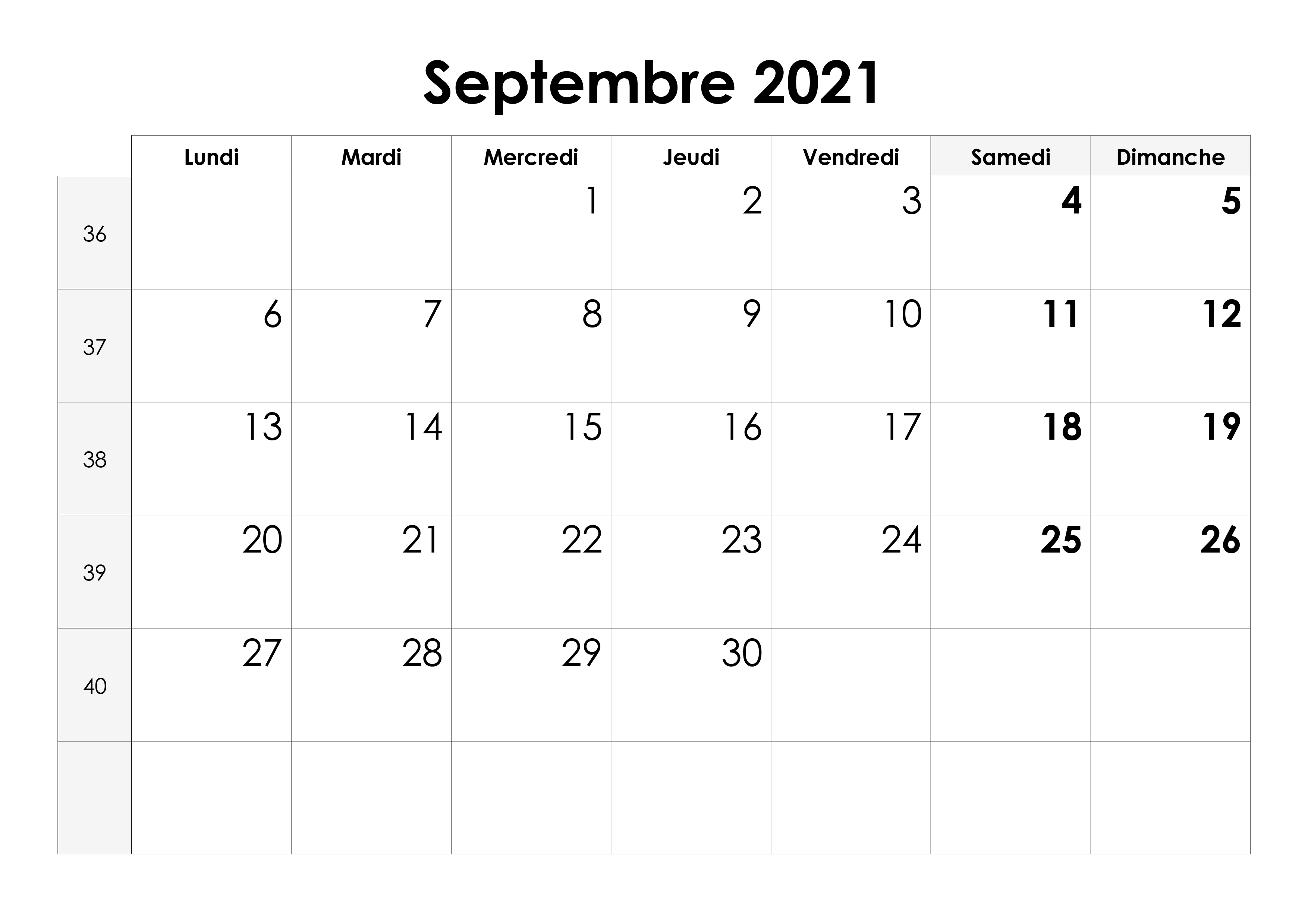 Calendrier de Septembre 2021
