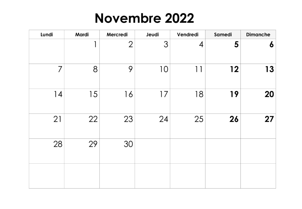 Novembre 2022 Calendrier