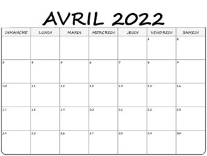 Calendrier 2022 Avril