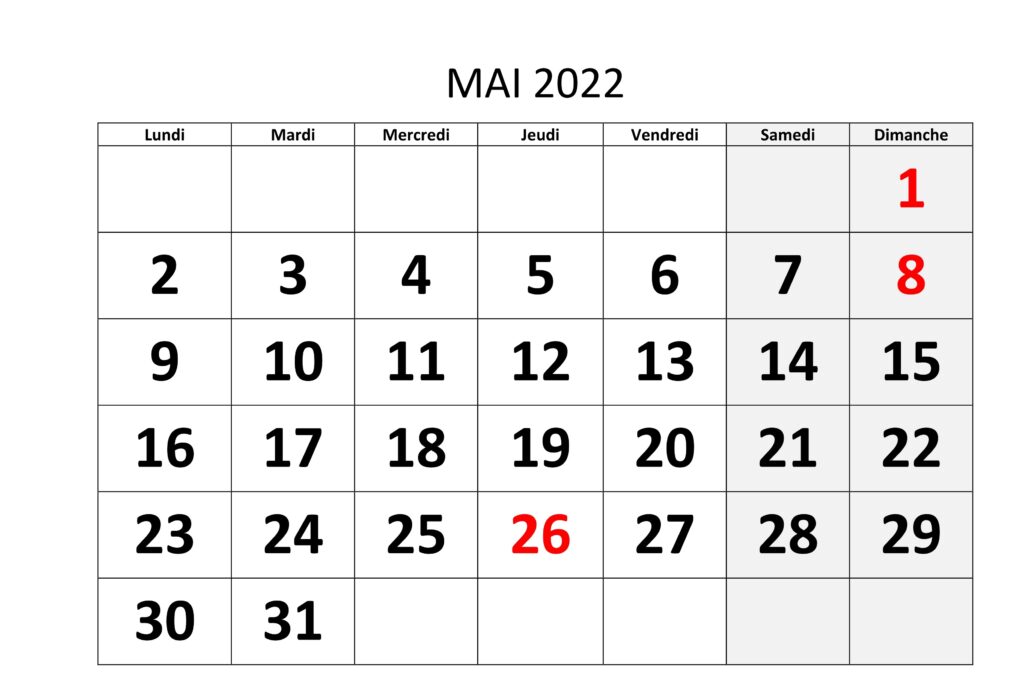 Calendrier 2022 Mai