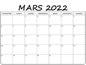 Calendrier 2022 Mars