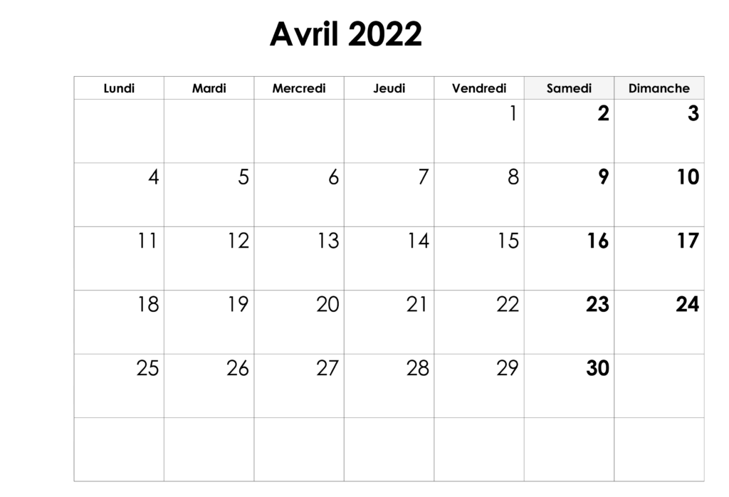 Calendrier Avril 2022 Excel