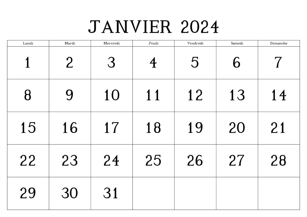 Calendrier Imprimable de Janvier 2024