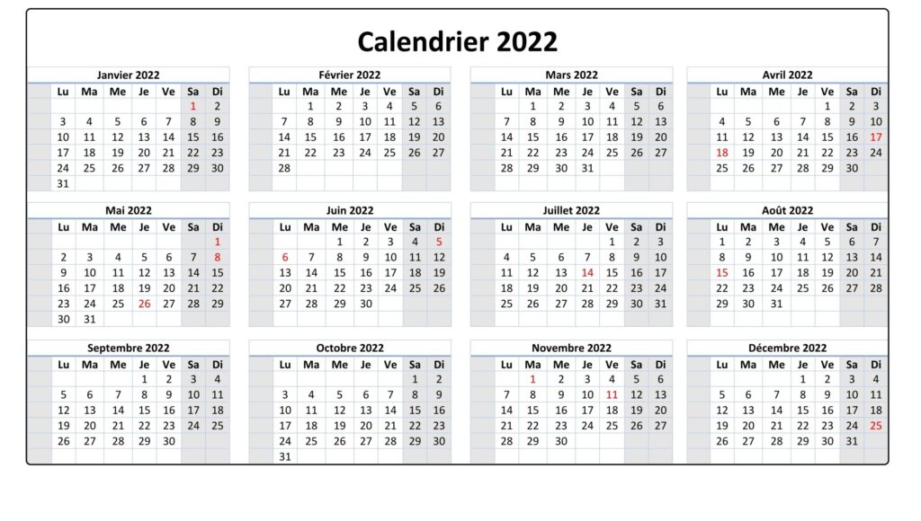 Calendrier Janvier 2022 Excel