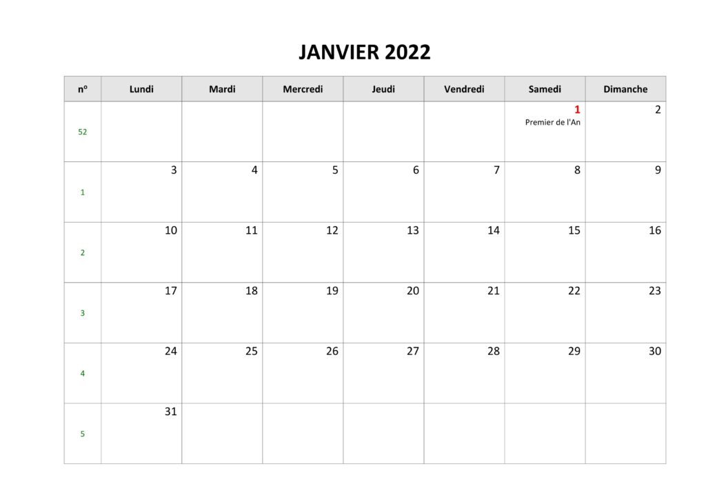 Calendrier Janvier 2022 PDF