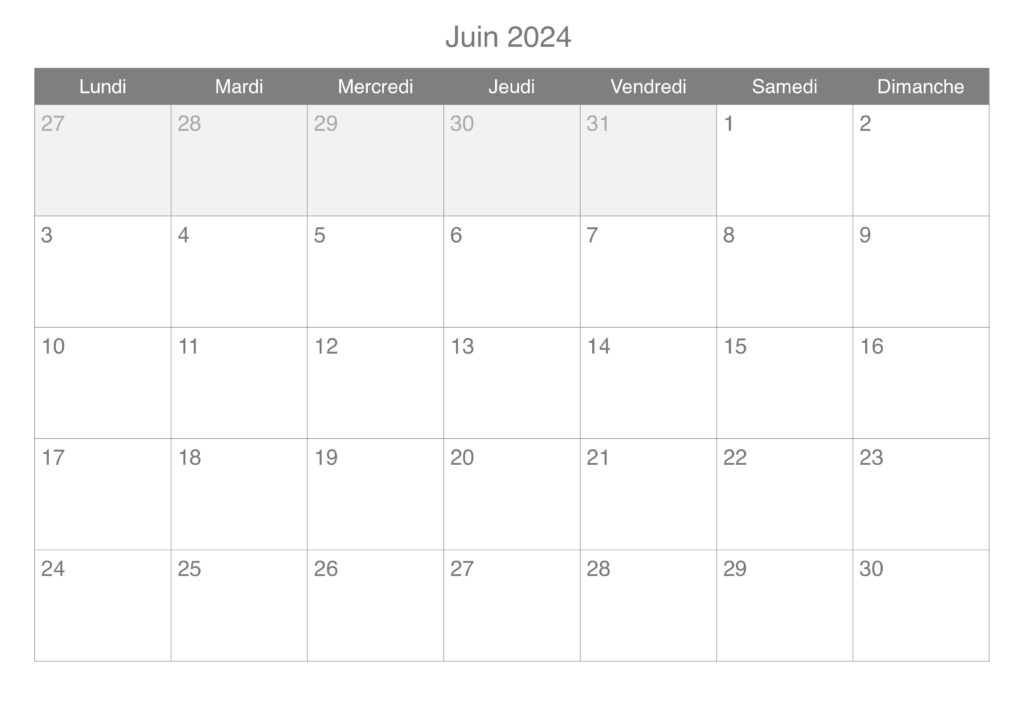 Calendrier Juin 2024 Excel
