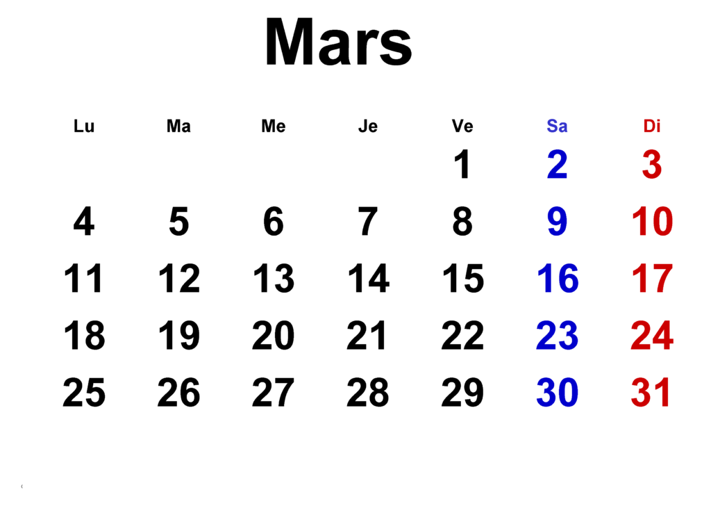Calendrier Mars 2024 PDF