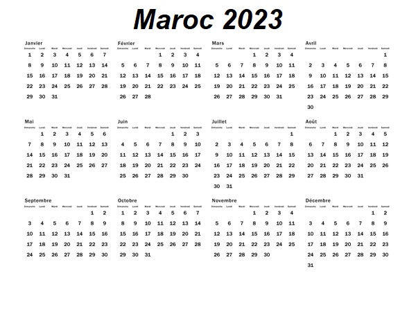 Maroc 2023 Calendrier