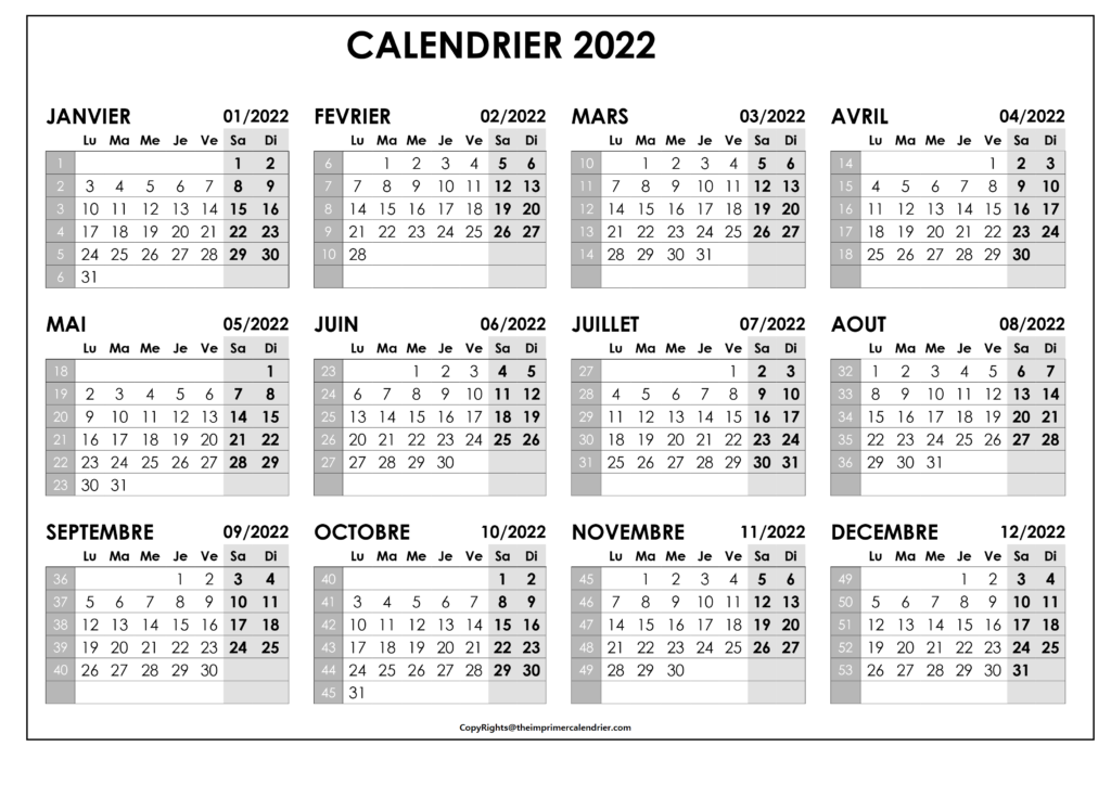 Imprimable 2022 Calendrier