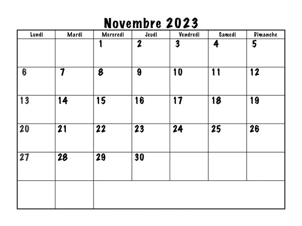 Calendrier de Novembre 2023