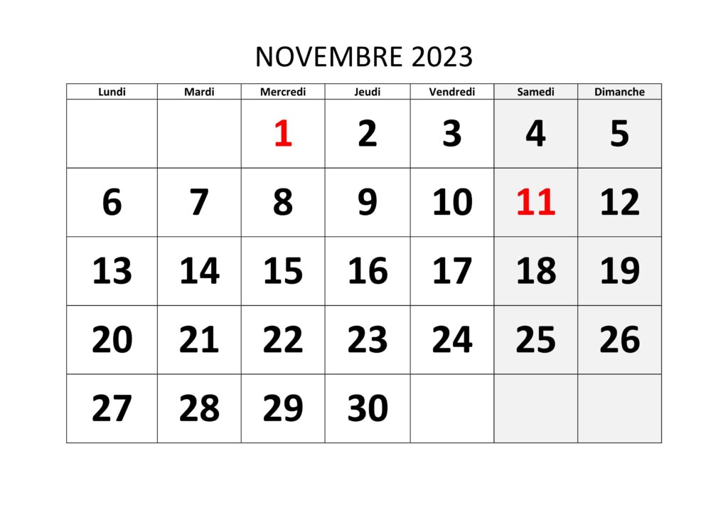 Novembre 2023 Calendrier