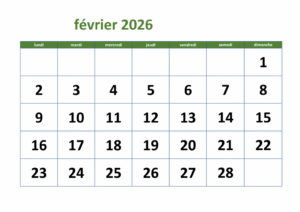 Calendrier Février 2026