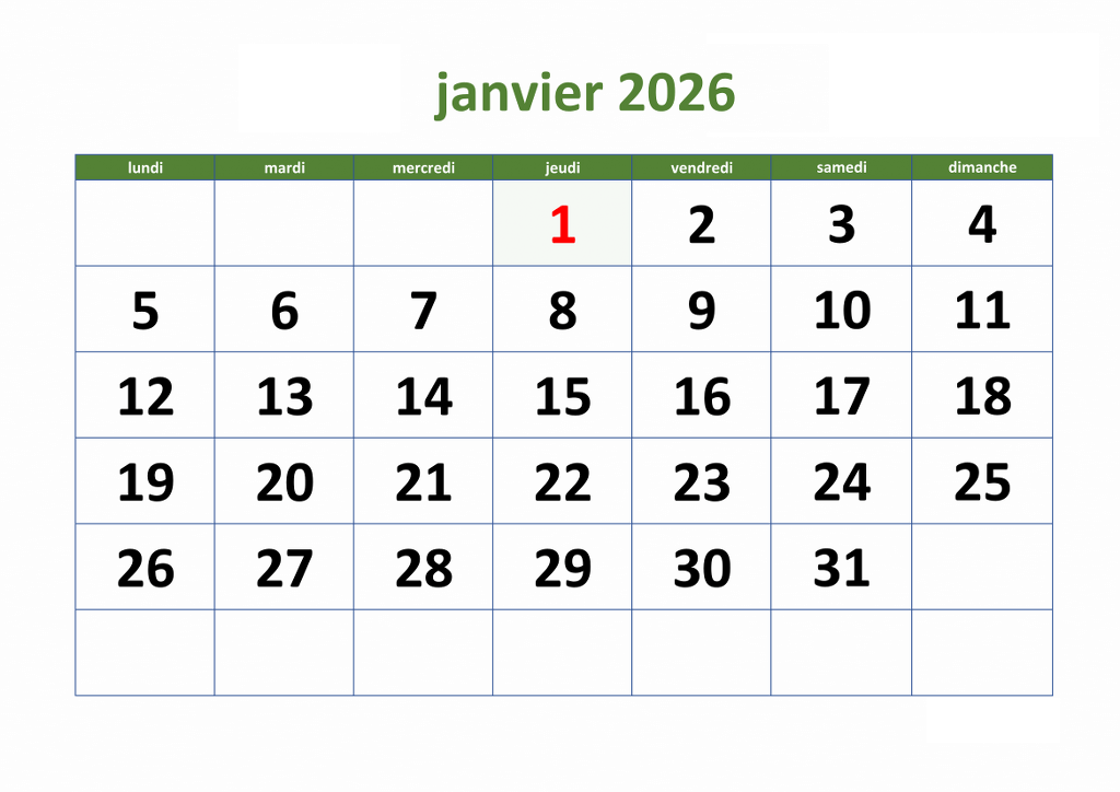 Calendrier Janvier 2026 Excel