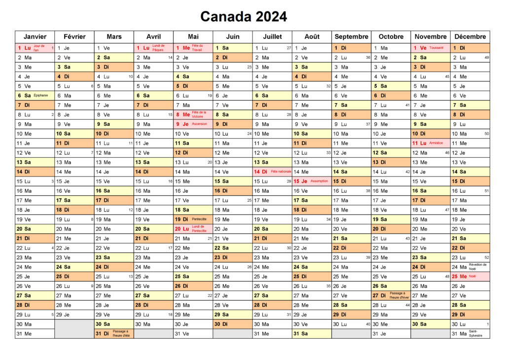 2024 Calendrier Canada