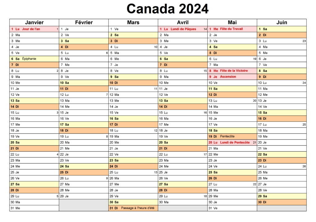 Canada Calendrier 2024 PDF