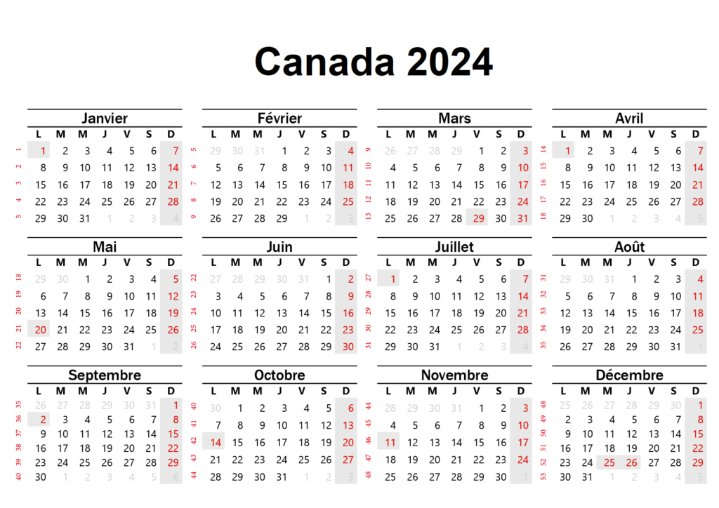 Imprimable Canada 2024 Calendrier