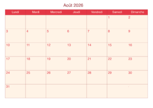Calendrier Août 2026 Excel
