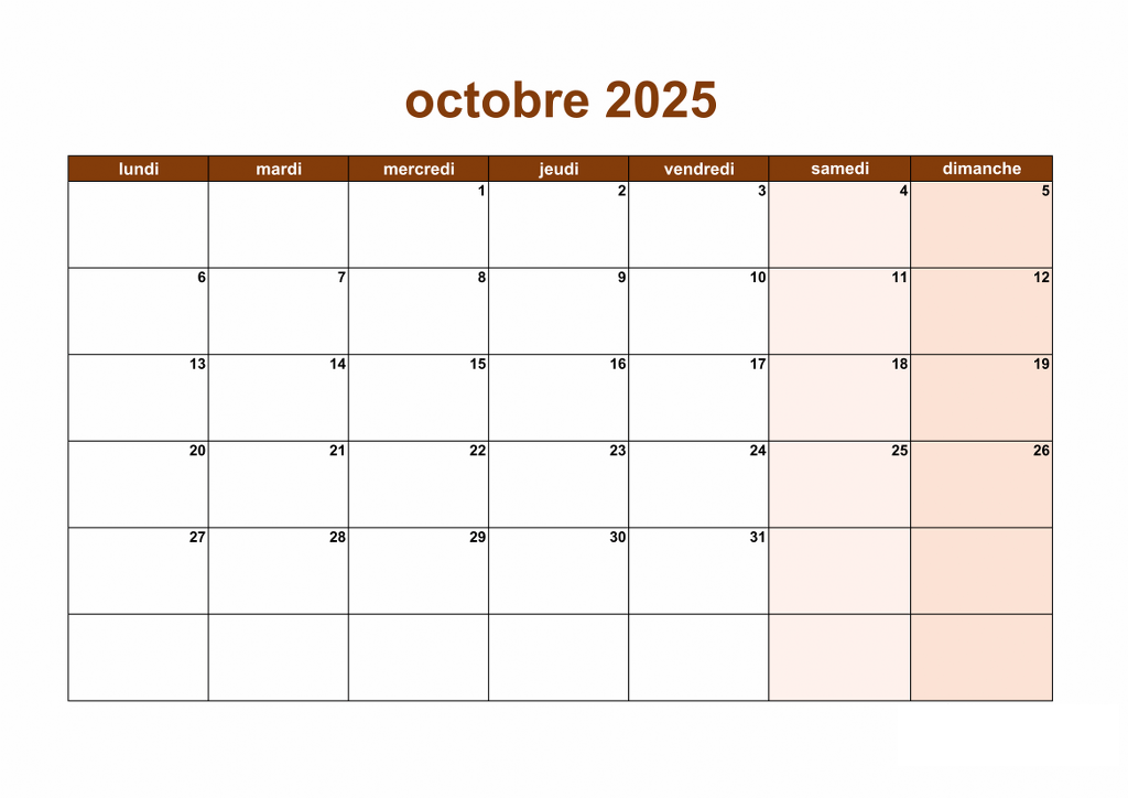 2025 Calendrier Octobre