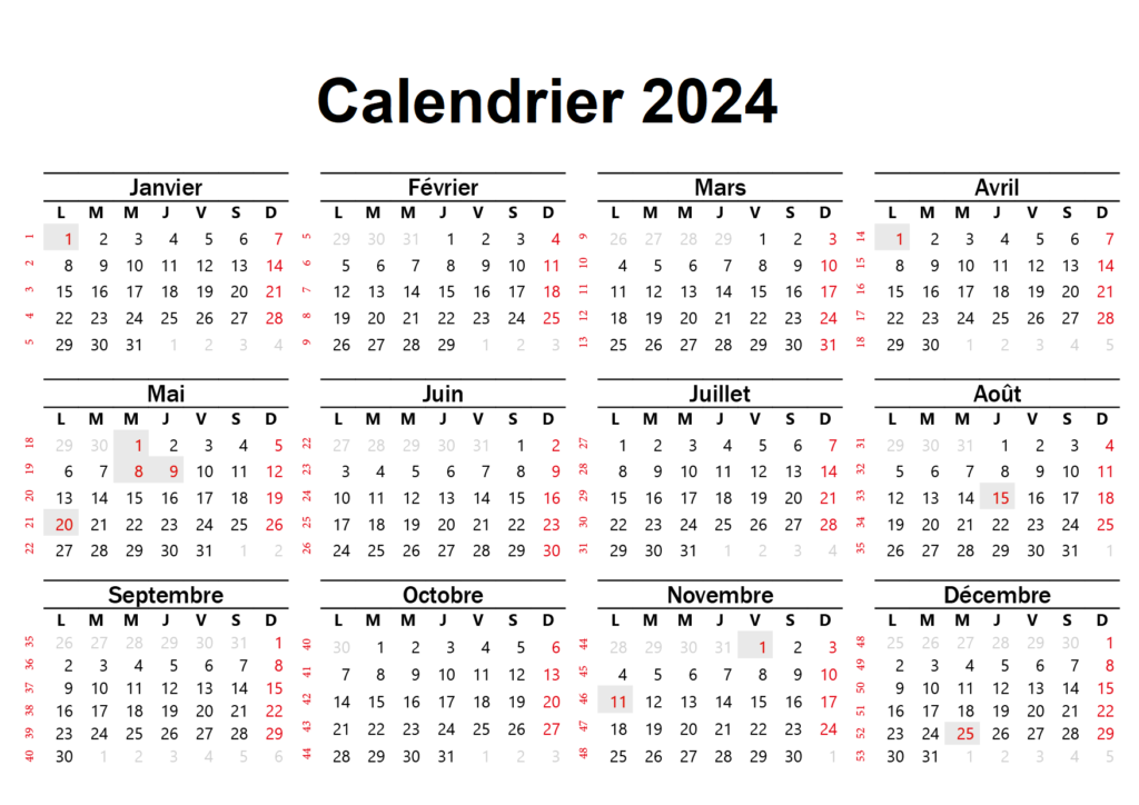 Calendrier 2024 en Semaine