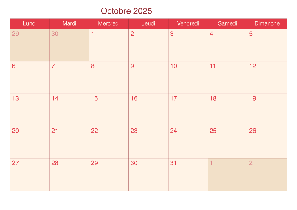 Calendrier Octobre Vacances 2025