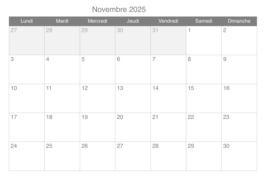 Calendrier Novembre 2025