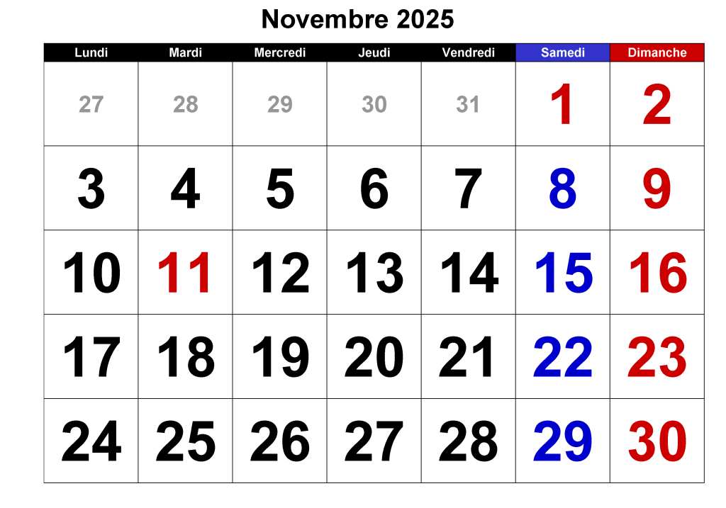 Novembre 2025 Calendrier jours fériés