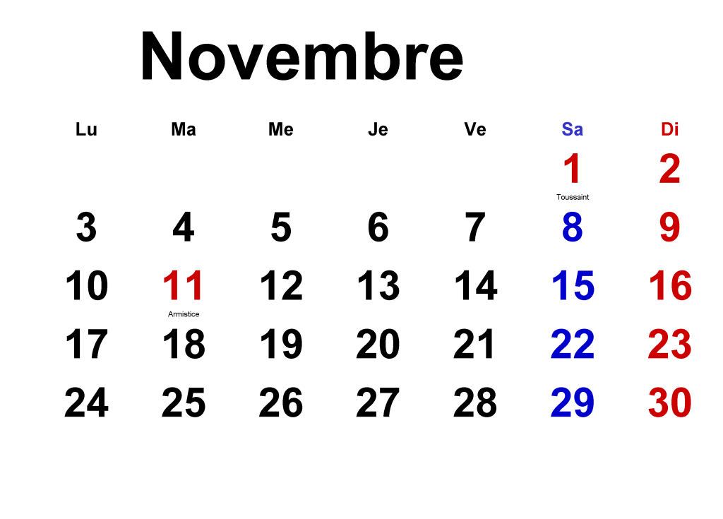 Novembre Vacances 2025 Calendrier