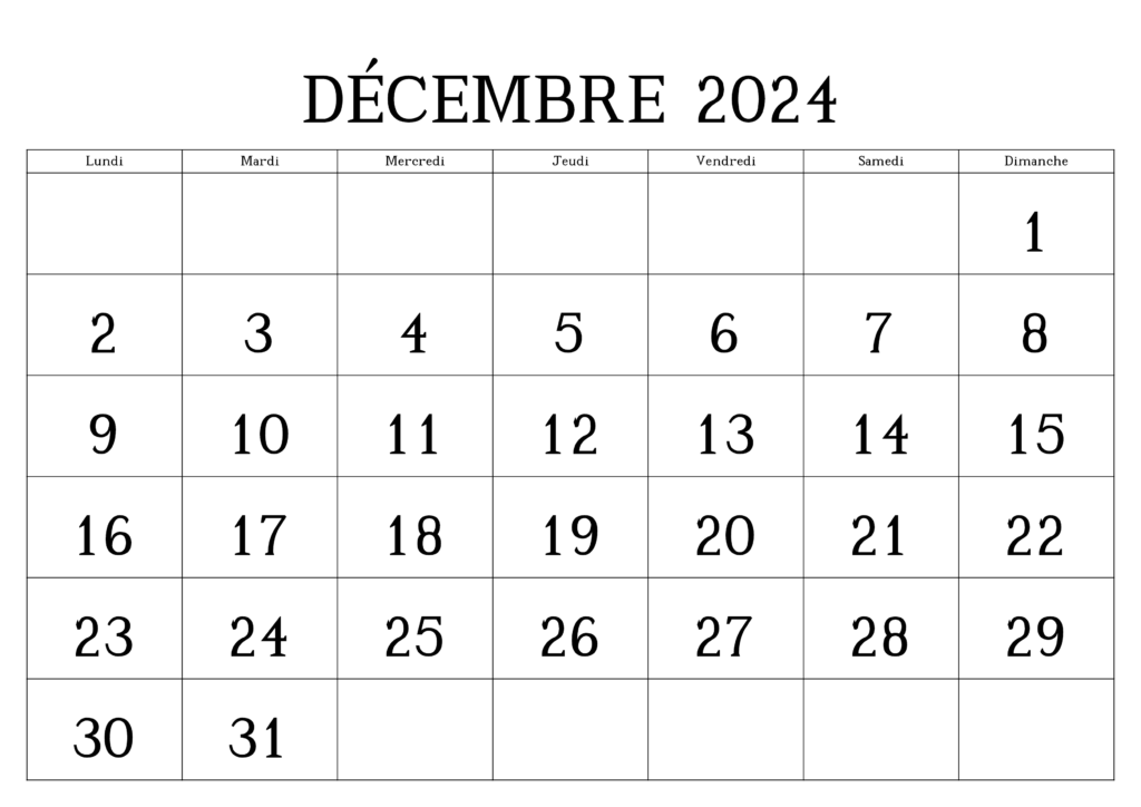 Calendrier Décembre 2024 Excel
