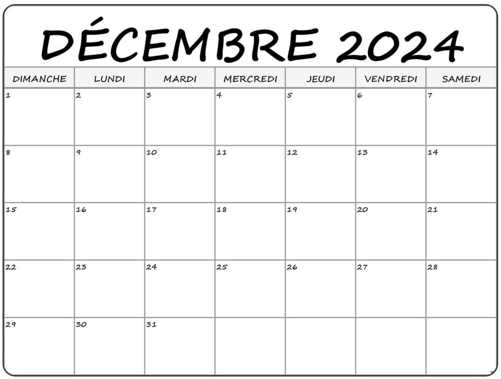 Calendrier Mois de Décembre 2024